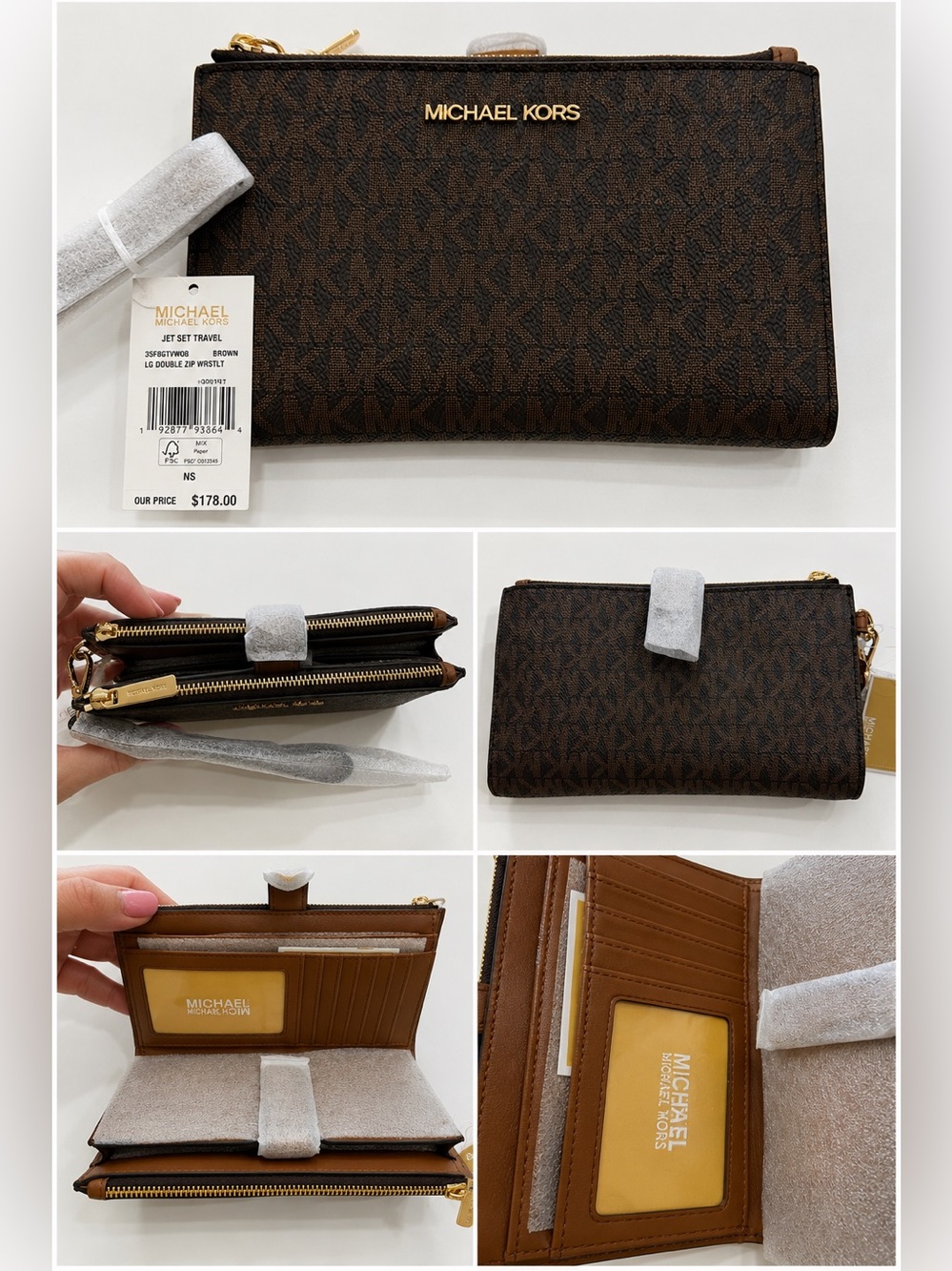 Michael Kors Jet Set Travel Large Double Zip Wristlet Wallet Brown NWT